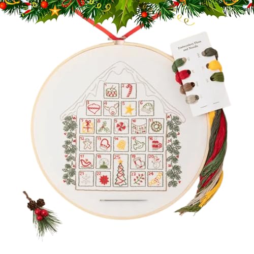 Weihnachts-Countdown-Stickset, Adventskalender-Handstickmuster - Stickset Weihnachtsschmuck mit Faden und Stickrahmen,Schneebedecktes Haus zum Basteln mit Anleitung, Weihnachtsdekoration für Weihnacht von Dottduya