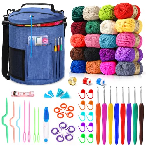 75 Farben Häkelwolle Set, Große Stricktasche, 20 Garnfarben, komplettes Set Mit Strickzubehör Einschließlich Häkelnadeln, Maschenmarkierern, Maßband und Mehr, Anfänger Crochet,Large Knitting Bag von DoubleCare