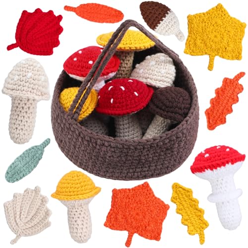 DoubleFill 13-teiliges kreatives handgefertigtes Häkel-Pilz- und Blätter-Set, Mini-Pilz-Bastelarbeiten, gestricktes Ornament, Häkeln, weiche Wolle, Strickspielzeug für Herbst, gestuftes Tablett, von DoubleFill