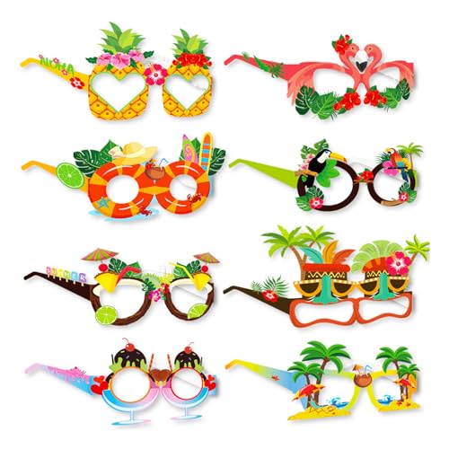 Doukesh 8 Stück Hawaiian Partybrillen Papier, Hawaiian Lustige Party Brillen, Lustige Strandparty Brille Party, Sommer Beach Party Accessoires Für Kinder Und Erwachsene, Hawaii Kostüm Zubehör von Doukesh