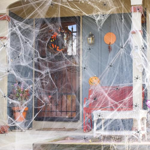 Halloween Deko Spinnennetz mit 20 Plastik Spinnen,Weiß Spinnweben Dekoration,Dehnbare Spinnennetz,Spinnennetz Halloween,Halloween Spinnen,Halloween Horror Spinnennetz Kit für Halloween Dekorationen von Doukesh