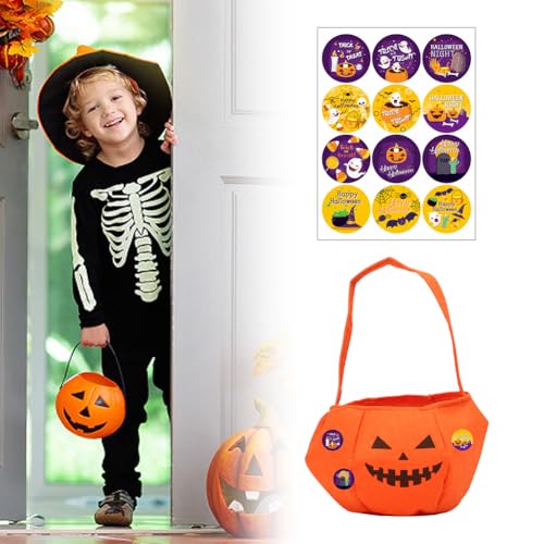 Halloween Kürbis Candy Bag mit Aufklebern,Halloween Kürbis Tasche,Halloween Goodie Taschen,Halloween Süßigkeiten Tasche,Trick or Treat Kürbis Eimer zum Sammeln von Süßigkeiten zu Halloween von Doukesh