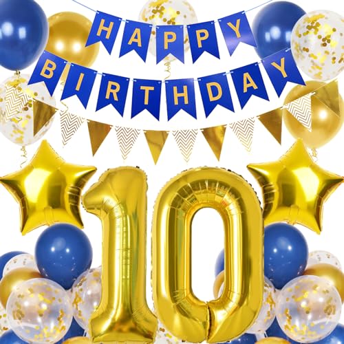 10. Geburtstag Junge, Blau Gold Luftballon 10 Geburtstag, Happy Birthday Girlande und Wimpelkette Banner, Blau Gold Geburtstagsdeko 10 Jahre Junge von Douvelue