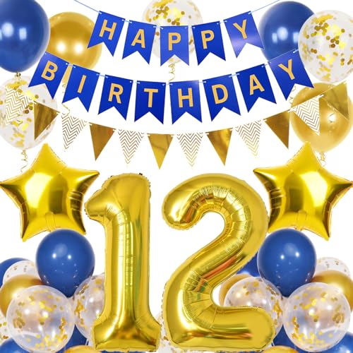 12. Geburtstag Junge, Blau Gold Luftballon 12 Geburtstag, Happy Birthday Girlande und Wimpelkette Banner, Blau Gold Geburtstagsdeko 12 Jahre Junge von Douvelue