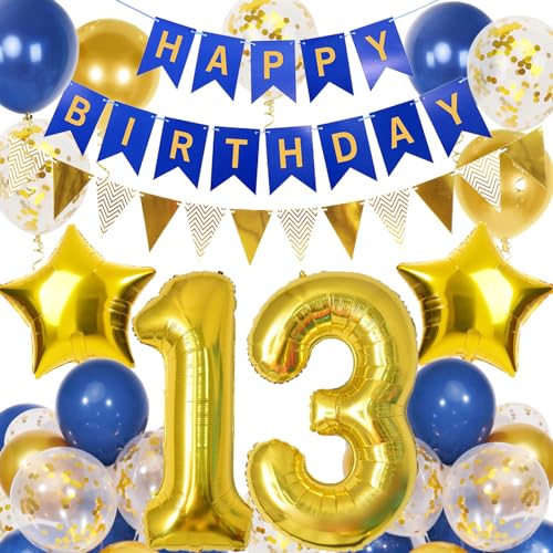 13. Geburtstag Junge, Blau Gold Luftballon 13 Geburtstag, Happy Birthday Girlande und Wimpelkette Banner, Blau Gold Geburtstagsdeko 13 Jahre Junge von Douvelue