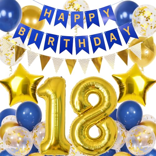 18. Geburtstag Junge, Blau Gold Luftballon 18 Geburtstag, Happy Birthday Girlande und Wimpelkette Banner, Blau Gold Geburtstagsdeko 18 Jahre Junge von Douvelue