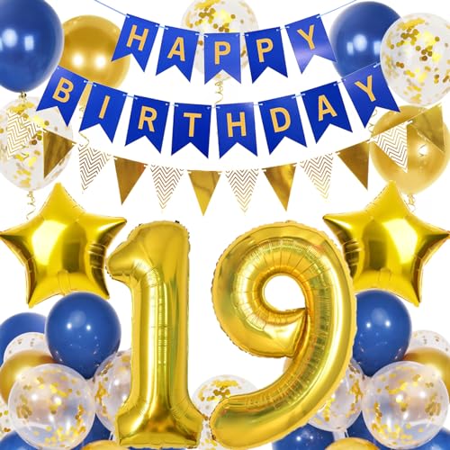 19. Geburtstag Junge, Blau Gold Luftballon 19 Geburtstag, Happy Birthday Girlande und Wimpelkette Banner, Blau Gold Geburtstagsdeko 19 Jahre Junge von Douvelue