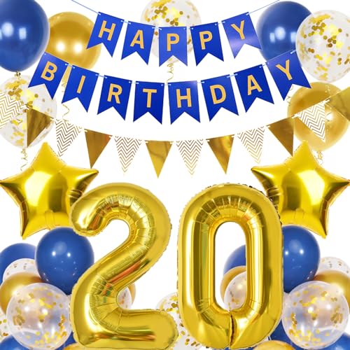 20. Geburtstag Junge, Blau Gold Luftballon 20 Geburtstag, Happy Birthday Girlande und Wimpelkette Banner, Blau Gold Geburtstagsdeko 20 Jahre Junge von Douvelue