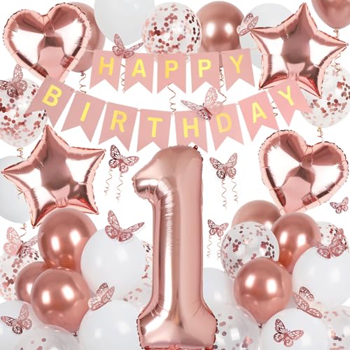 Deko 1. Geburtstag Mädchen, Rosegold Luftballon 1. Geburtstag, Happy Birthday Girlande und Schmetterlinge Deko, Roségold 1 Jahr Mädchen Deko Geschenk von Douvelue