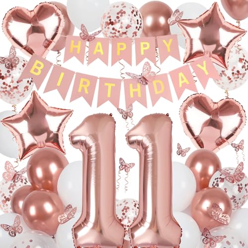 Deko 11. Geburtstag Mädchen, Rosegold Luftballon 11. Geburtstag, Happy Birthday Girlande und Schmetterlinge Deko, Roségold 11 Jahr Mädchen Deko Geschenk von Douvelue