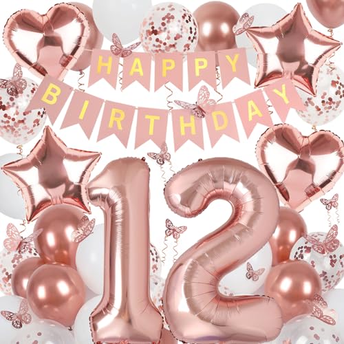 Deko 12. Geburtstag Mädchen, Rosegold Luftballon 12. Geburtstag, Happy Birthday Girlande und Schmetterlinge Deko, Roségold 12 Jahr Mädchen Deko Geschenk von Douvelue