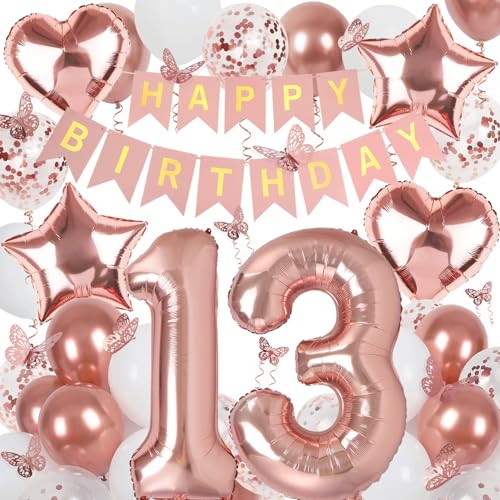 Deko 13. Geburtstag Mädchen, Rosegold Luftballon 13. Geburtstag, Happy Birthday Girlande und Schmetterlinge Deko, Roségold 13 Jahr Mädchen Deko Geschenk von Douvelue