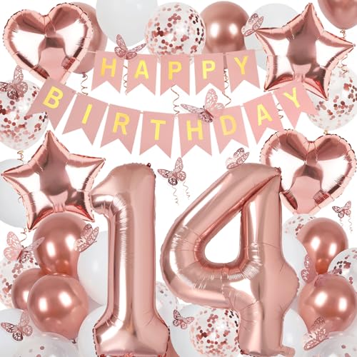 Deko 14. Geburtstag Mädchen, Rosegold Luftballon 14. Geburtstag, Happy Birthday Girlande und Schmetterlinge Deko, Roségold 14 Jahr Mädchen Deko Geschenk von Douvelue