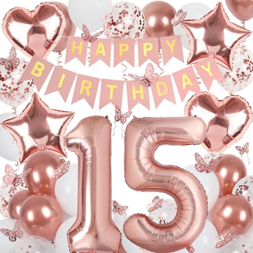 Deko 15. Geburtstag Mädchen, Rosegold Luftballon 15. Geburtstag, Happy Birthday Girlande und Schmetterlinge Deko, Roségold 15 Jahr Mädchen Deko Geschenk von Douvelue