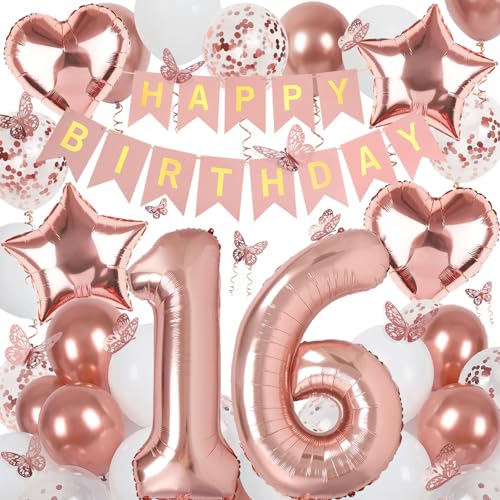 Deko 16. Geburtstag Mädchen, Rosegold Luftballon 16. Geburtstag, Happy Birthday Girlande und Schmetterlinge Deko, Roségold 16 Jahr Mädchen Deko Geschenk von Douvelue