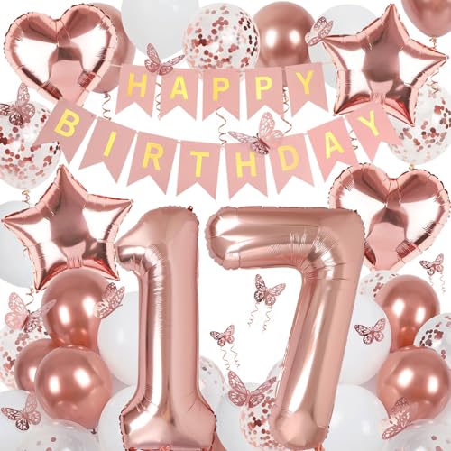 Deko 17. Geburtstag Mädchen, Rosegold Luftballon 17. Geburtstag, Happy Birthday Girlande und Schmetterlinge Deko, Roségold 17 Jahr Mädchen Deko Geschenk von Douvelue