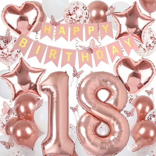 Deko 18. Geburtstag Mädchen, Rosegold Luftballon 18. Geburtstag, Happy Birthday Girlande und Schmetterlinge Deko, Roségold 18 Jahr Mädchen Deko Geschenk von Douvelue