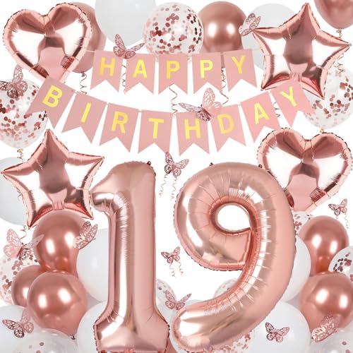 Deko 19. Geburtstag Mädchen, Rosegold Luftballon 19. Geburtstag, Happy Birthday Girlande und Schmetterlinge Deko, Roségold 19 Jahr Mädchen Deko Geschenk von Douvelue