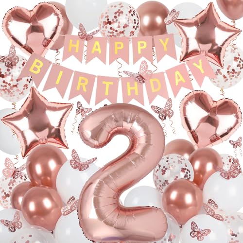 Deko 2. Geburtstag Mädchen, Rosegold Luftballon 2. Geburtstag, Happy Birthday Girlande und Schmetterlinge Deko, Roségold 2 Jahr Mädchen Deko Geschenk von Douvelue