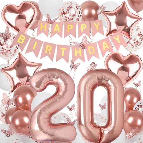 Deko 20. Geburtstag Mädchen, Rosegold Luftballon 20. Geburtstag, Happy Birthday Girlande und Schmetterlinge Deko, Roségold 20 Jahr Mädchen Deko Geschenk von Douvelue