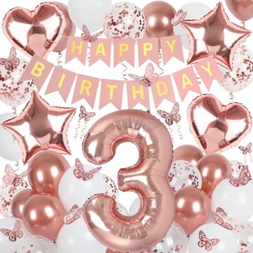 Deko 3. Geburtstag Mädchen, Rosegold Luftballon 3. Geburtstag, Happy Birthday Girlande und Schmetterlinge Deko, Roségold 3 Jahr Mädchen Deko Geschenk von Douvelue