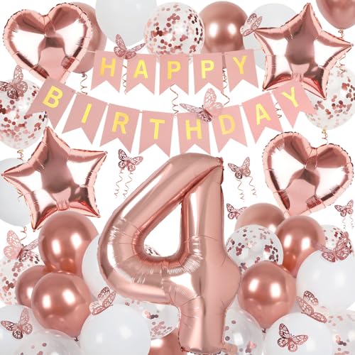 Deko 4. Geburtstag Mädchen, Rosegold Luftballon 4. Geburtstag, Happy Birthday Girlande und Schmetterlinge Deko, Roségold 4 Jahr Mädchen Deko Geschenk von Douvelue