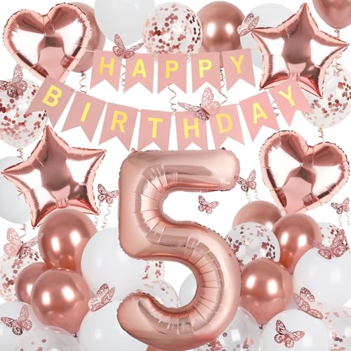 Deko 5. Geburtstag Mädchen, Rosegold Luftballon 5. Geburtstag, Happy Birthday Girlande und Schmetterlinge deko, Roségold 5 jahr Mädchen Deko Geschenk von Douvelue