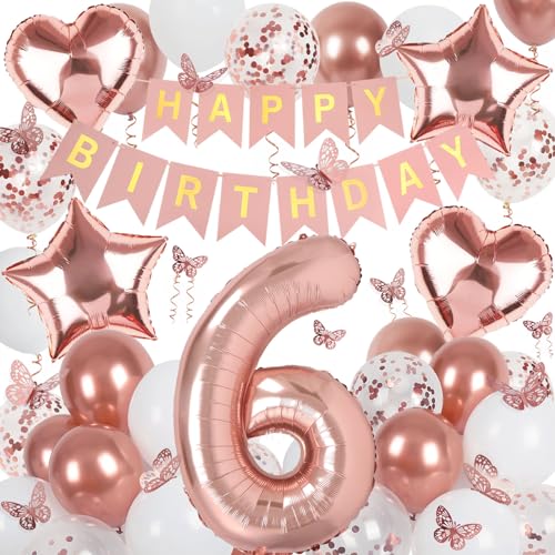 Deko 6. Geburtstag Mädchen, Rosegold Luftballon 6. Geburtstag, Happy Birthday Girlande und Schmetterlinge Deko, Roségold 6 Jahr Mädchen Deko Geschenk von Douvelue