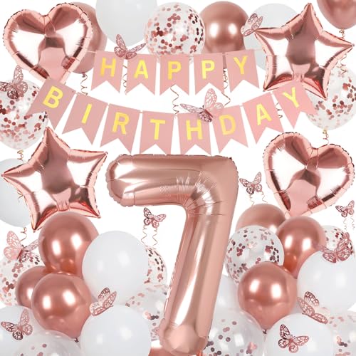 Deko 7. Geburtstag Mädchen, Rosegold Luftballon 7. Geburtstag, Happy Birthday Girlande und Schmetterlinge Deko, Roségold 7 Jahr Mädchen Deko Geschenk von Douvelue