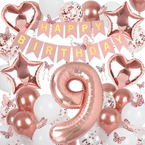 Deko 9. Geburtstag Mädchen, Rosegold Luftballon 9. Geburtstag, Happy Birthday Girlande und Schmetterlinge Deko, Roségold 9 Jahr Mädchen Deko Geschenk von Douvelue