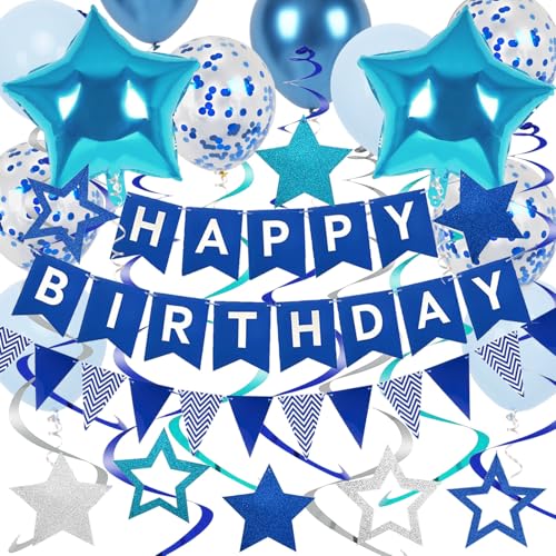 Geburtstagsdeko, Blau Happy Birthday Girlande, Stern hängende Wirbel Streamer, Blau Stern Luftballons, Wimpelkette Banner, für Geburtstags Party deko von Douvelue