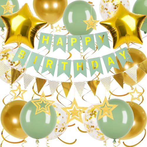 Geburtstagsdeko, Grün Happy Birthday Girlande, Hängend Stern und Hängend Wirbel Streamer, Gold Stern Luftballons, Wimpelkette Banner, für Mädchen Junge Geburtstagsdeko von Douvelue