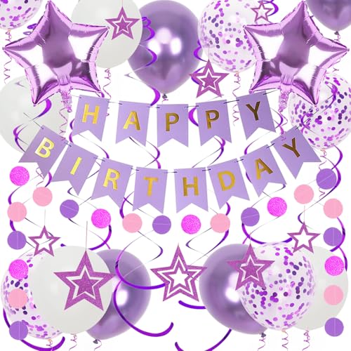 Geburtstagsdeko, Lila Happy Birthday Girlande, Hängend Stern und Hängend Wirbel Streamer, Lila Stern Luftballons, Kreis Punkt Girlande Dekroationen, für Mädchen Junge Geburtstagsdeko von Douvelue