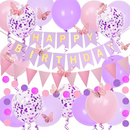 Geburtstagsdeko, Lila Happy Birthday Girlande, Kreis Punkt Girlande und Schmetterlinge Dekroationen, Rosa and Lila luftballons, für Mädchen Frauen Geburtstagsdeko von Douvelue