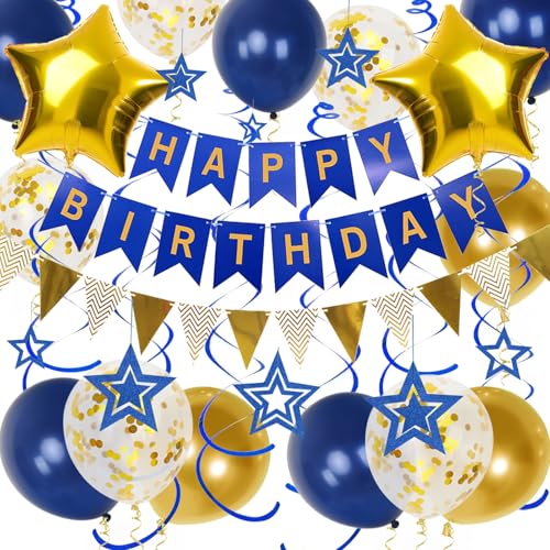 Geburtstagsdeko, Marineblau Happy Birthday Girlande, Hängend Stern und Hängend Wirbel Streamer, Gold Stern Luftballons, Wimpelkette Banner, Geburtstagsdeko für Männer Jungen von Douvelue