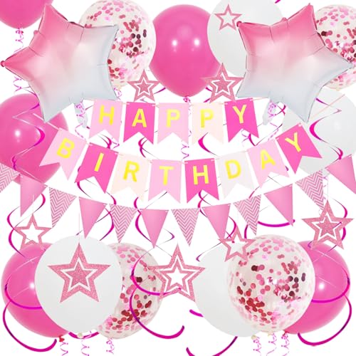 Geburtstagsdeko, Rosa Happy Birthday Girlande, Hängend Stern und Hängend Wirbel Streamer, Rosa Stern Luftballons, Wimpelkette Banner, für Frauen Mädchen Geburtstagsdeko von Douvelue