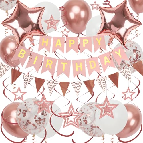 Geburtstagsdeko, Roségold Happy Birthday Girlande, Hängend Stern und Hängend Wirbel Streamer, Roségold Stern Luftballons, Wimpelkette Banner, für Frauen Mädchen Geburtstagsdeko von Douvelue