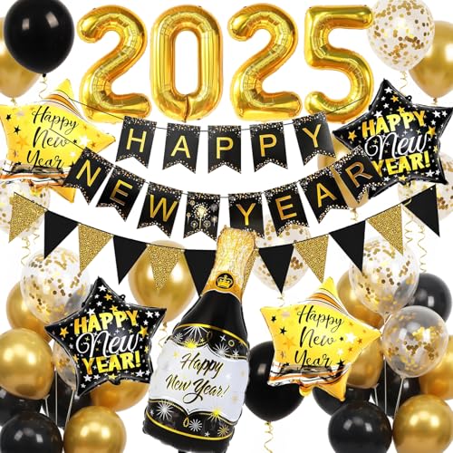 Silvester Deko 2025, Happy New Year Banner und 2025 Folienballos, Schwarze und Goldene Silvester Ballons, Neujahrsdeko, Silvesterpartydeko Accessoire für Silvesterparty von Douvelue