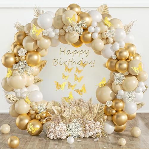 Weißgold Luftballons Bogen Kit, 154 stk Weißsand Gold Ballon Girlande und Beige Ballons mit Schmetterlinge Deko für hochzeitsdeko, Babyparty, Abschlussfeier, Geburtstag Deko von Douvelue