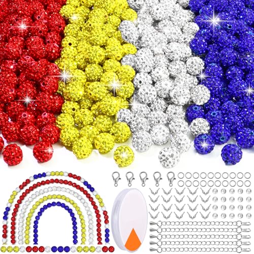 Dowarm Baseball-Strass-Perlen, Halskette, Armband, Schmuckherstellung, Runde Strass-Ton-Perlen, Shamballa-Pavé-Diamantperlen, Gelb, Rot, Blau, Weiß, 10 mm, 255 Stück von Dowarm