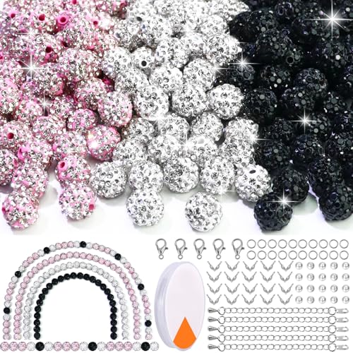 Dowarm Strass-Perlen für Baseball-Strass, Halskette, Armband, Schmuckherstellung, runde Strass-Ton-Perlen zum Basteln, für Shamballa-Pavé-Fassung, Disco-Diamantperlen, Rosa, Weiß, Schwarz, 10 mm, 255 von Dowarm