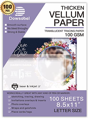 Dowsabel Pergamentpapier, durchscheinend, 30,8 kg, 21,6 x 27,9 cm, bedruckbares Pergamentpapier für Kartenauflagen, Einladungen, Bauchbänder, Umschläge, Laternen, 50 Blatt von Dowsabel