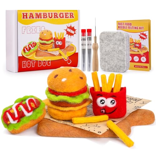 Doxiru Nadelfilz-Set, 3er-Pack Fast-Food-Nadelfilz-Anfängerset inkl. grundlegendem Nadelfilzwerkzeug, Anleitung, Nadelfilz-Bastelset für DIY-Heimdekoration von Doxiru