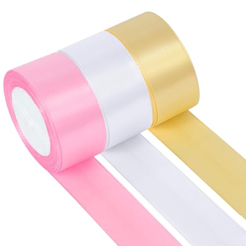 22m Seidenband X 40mm Geschenkband Breit, 3 Rollen Stoffbänder Satinband Weiß für hochzeit,Satinband Rosa für Geschenkverpackungen DIY Haare Schleife Bastelarbeiten Geburtstag Party Dkoration von Doygim