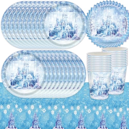 61 Pcs Freeze Castle Party Geschirr Set, Prinzessin Party Dekorationen Supplies, Schneeflocke Party Dekoration, Blaues Schloss Geschirr inklusive Pappteller, Becher, Seidentischdecken (20 Gäste) von Doyomtoy