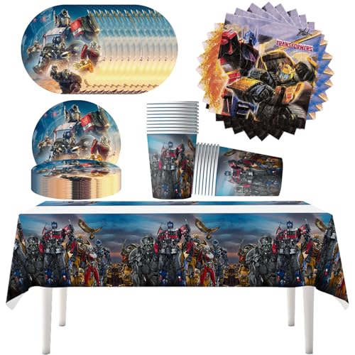 61 Stück Transformers Partygeschirr, Bumblebee und Optimus Prime Party-Zubehör-Set, Set enthält Teller, Tassen, Servietten, Tischdecken, geeignet für Baby-Duschen, Hochzeiten, Jubiläen (20 Gäste) von Doyomtoy