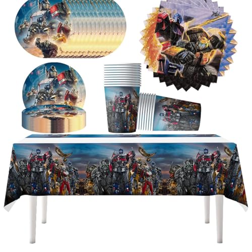 61 Stück Transformers Partygeschirr, Bumblebee und Optimus Prime Party-Zubehör-Set, Set enthält Teller, Tassen, Servietten, Tischdecken, geeignet für Baby-Duschen, Hochzeiten, Jubiläen (20 Gäste) von Doyomtoy