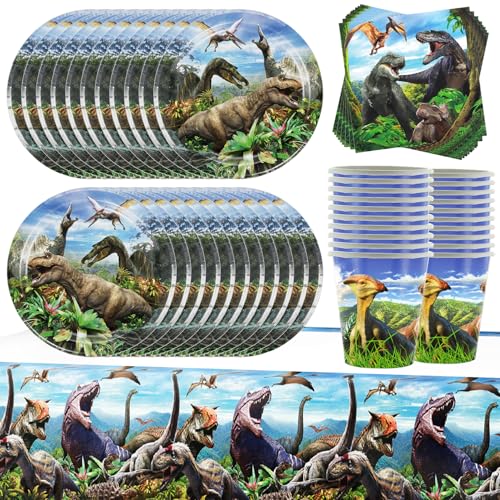 61pcs Dinos Geschirr Set, Dinosaurier Party Dekoration Geburtstag Party Supplies Set, Nette Original Regenwald Thema, Tischdecke Teller Becher Servietten für 20 Gäste von Doyomtoy