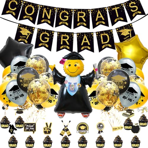 Abschluss Deko 2024,Graduation Deko, Schulabschluss 2024 Deko, Schwarz Gold Graduation Deko mit Congratulations Banner,Luftballons, Graduierung Fotorequisiten von Doyomtoy