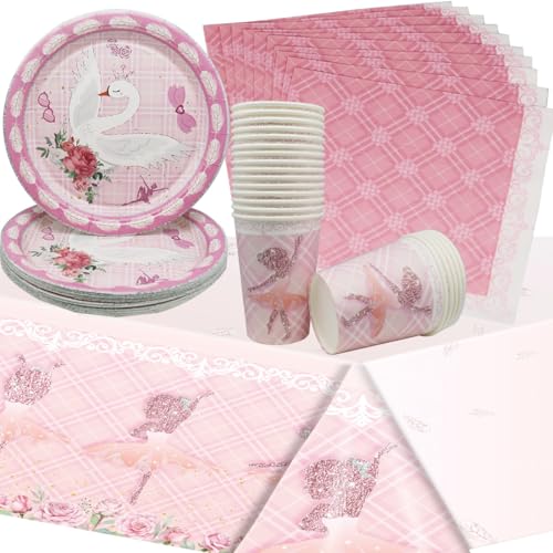 Doyomtoy 61Pcs Piece Pink Ballet Girl Birthday Party Tableware Set, Kids Birthday Set enthält Tassen, Teller, Servietten, Tischdecken, und bietet Platz für bis zu 20 Gäste von Doyomtoy